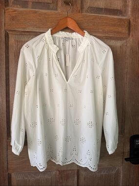 Madewell White Eyelet Split-Neck Ruffle Blouse